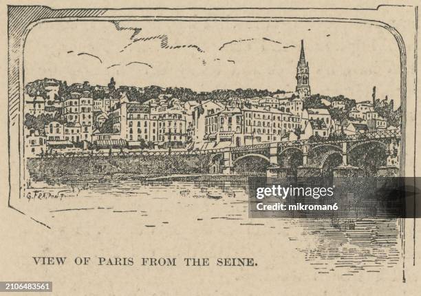 old engraved illustration of view of paris from the seine river - old national centre stock pictures, royalty-free photos & images