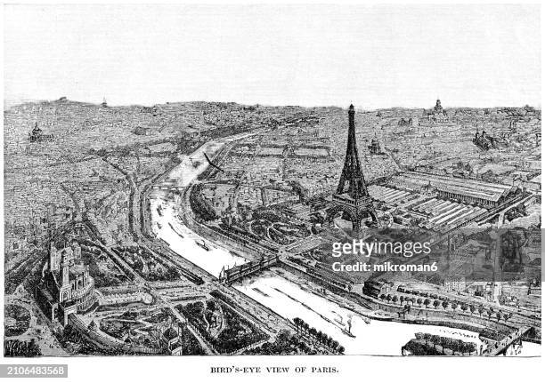 old engraved illustration of bird's-eye view of paris - old national centre stock pictures, royalty-free photos & images