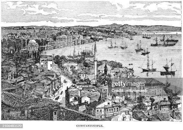 old engraved illustration of the constantinople, turkey - ancient greek culture stock pictures, royalty-free photos & images