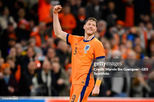 Wout Weghorst of the Netherlands celebrates his team's third goal during the friendly match between Netherlands and Scotland at Johan Cruyff Arena on...