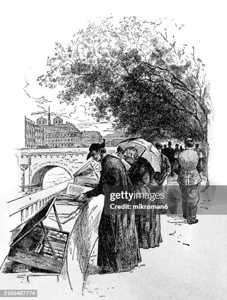 old engraved illustration of old book sellers on the quai malaquais, paris, france - old national centre stock pictures, royalty-free photos & images