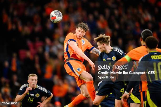 Wout Weghorst of the Netherlands celebrates his team's third goal during the friendly match between Netherlands and Scotland at Johan Cruyff Arena on...