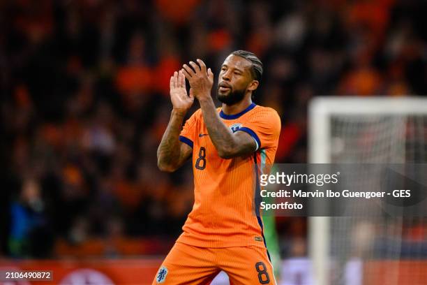 Georginio Wijnaldum of the Netherlands shows appreciation to the fans during the friendly match between Netherlands and Scotland at Johan Cruyff...