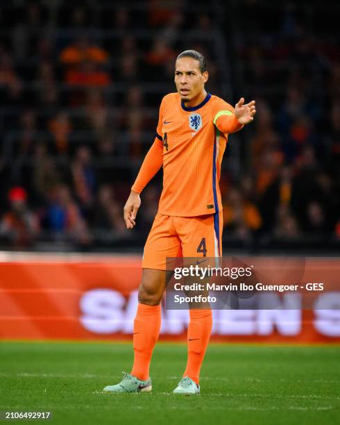 Virgil van Dijk of the Netherlands gives instructions to his team during the friendly match between Netherlands and Scotland at Johan Cruyff Arena on...