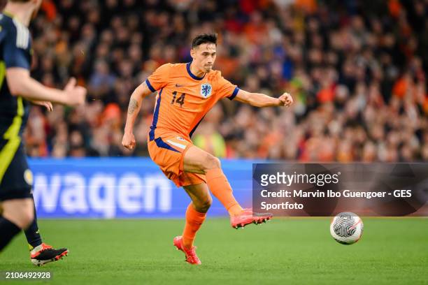 Tijjani Reijnders of the Netherlands controls the ball during the friendly match between Netherlands and Scotland at Johan Cruyff Arena on March 22,...