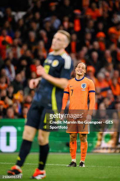 Xavi Simons of the Netherlands looks dejected during the friendly match between Netherlands and Scotland at Johan Cruyff Arena on March 22, 2024 in...