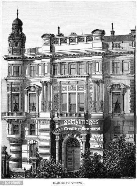 old engraved illustration of the palais larisch-mönnich, a family palace, completed in 1868 by order of the large landowner johann graf larisch-moennich (today, the palace houses the iraqi embassy) vienna, austria - vintage logo stock pictures, royalty-free photos & images