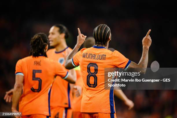 Georginio Wijnaldum of the Netherlands celebrates his team's second goal during the friendly match between Netherlands and Scotland at Johan Cruyff...