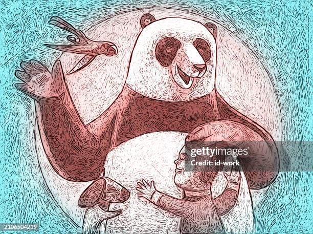 kid and dog hugging panda - bear hug stock illustrations