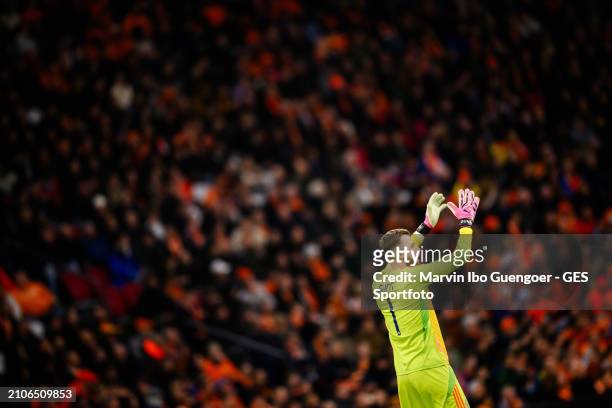 Angus Gunn of Scotland looks on during the friendly match between Netherlands and Scotland at Johan Cruyff Arena on March 22, 2024 in Amsterdam,...