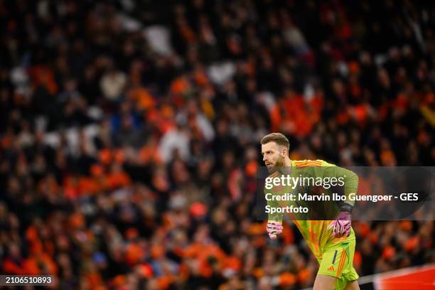 Angus Gunn of Scotland looks on during the friendly match between Netherlands and Scotland at Johan Cruyff Arena on March 22, 2024 in Amsterdam,...