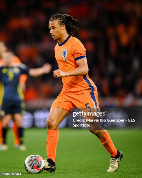 Nathan Ake of the Netherlands controls the ball during the friendly match between Netherlands and Scotland at Johan Cruyff Arena on March 22, 2024 in...