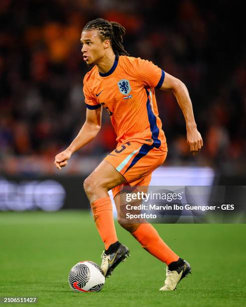 Nathan Ake of the Netherlands controls the ball during the friendly match between Netherlands and Scotland at Johan Cruyff Arena on March 22, 2024 in...