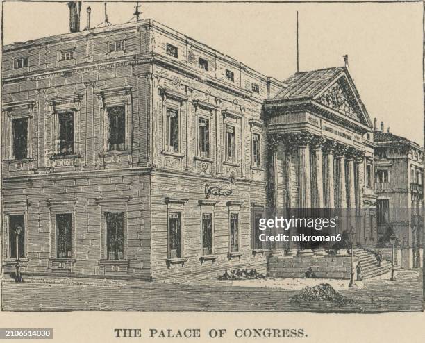 old engraved illustration of palacio de las cortes, a building in madrid where the spanish congress of deputies meets (located on the calle zorrilla and the carrera de san jerónimo, near the paseo del prado) - carrera de calle stock pictures, royalty-free photos & images