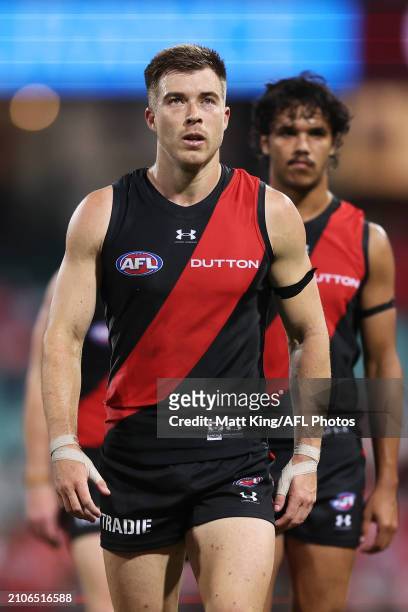 Zach Merrett of the Bombers looks dejected after the round two AFL match between Sydney Swans and Essendon Bombers at SCG, on March 23 in Sydney,...