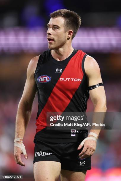 Zach Merrett of the Bombers looks dejected after the round two AFL match between Sydney Swans and Essendon Bombers at SCG, on March 23 in Sydney,...