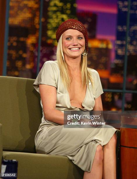 Actress Cameron Diaz appears on "The Tonight Show with Jay Leno" at the NBC Studios on June 23, 2003 in Burbank, California.