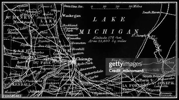old chromolithograph map of chicago and lake michigan, usa - living in the past stock pictures, royalty-free photos & images