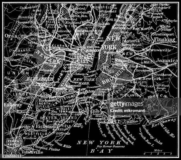 old engraved map of new york city, usa - living in the past stock pictures, royalty-free photos & images