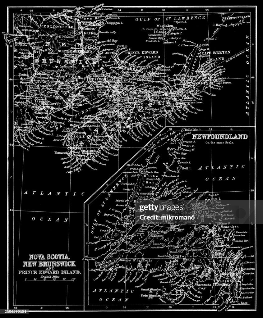 Old chromolithograph map of Brunswick, Nova Scotia, Newfoundland and Prince Edward Island