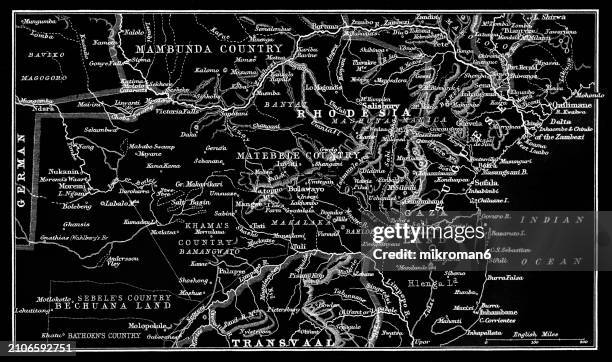 old chromolithograph map of rhodesia, officially from 1970 the republic of rhodesia, an unrecognised state in southern africa from 1965 to 1979, equivalent in territory to modern zimbabwe - traditionally australian stock pictures, royalty-free photos & images