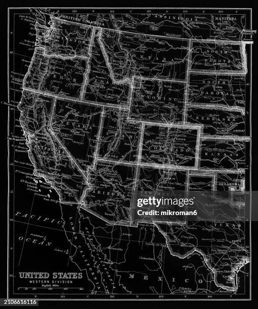 old chromolithograph map of united states of america - western division - oregon v arizona stock pictures, royalty-free photos & images