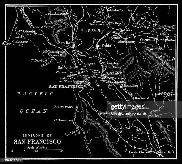 old engraved map of environs of san francisco, usa - sf bay area map stock pictures, royalty-free photos & images