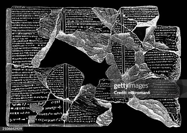 old engraved illustration of assyrian tablet depicting part of the deluge legend - mythology stock pictures, royalty-free photos & images