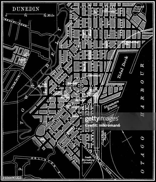 old chromolithograph map of  dunedin, new zealand - otago stock pictures, royalty-free photos & images