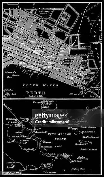 old chromolithograph map of perth, the capital and largest city of the australian state of western australia and the fourth most populous city in australia and oceania - vintage logo stock pictures, royalty-free photos & images