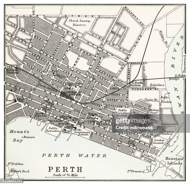 old chromolithograph map of perth, the capital and largest city of the australian state of western australia and the fourth most populous city in australia and oceania - vintage logo stock pictures, royalty-free photos & images