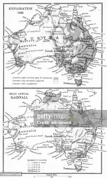 old chromolithograph map of exploration of australia (1896) and mean annual rainfall of australia - traditionally australian stock pictures, royalty-free photos & images