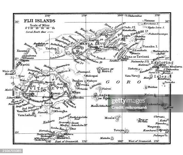 old chromolithograph map of islands in the pacific ocean (fiji  nad hawaii) - vintage logo stock pictures, royalty-free photos & images