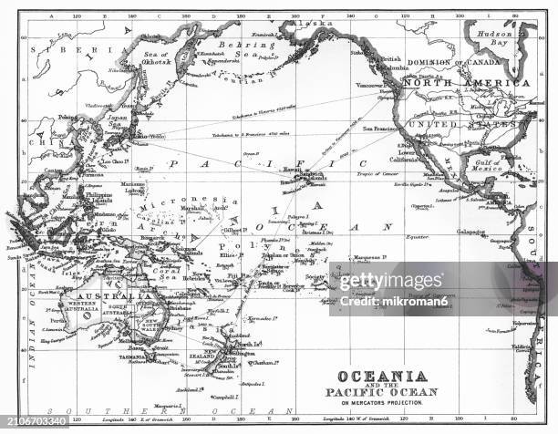 old chromolithograph map of oceania and pacific ocean - traditionally australian stock pictures, royalty-free photos & images