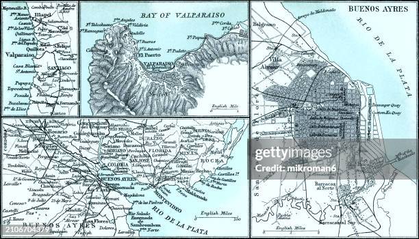 old chromolithograph map of buenos aires (capital and primate city of argentina) and valparaíso (major city, commune, seaport, naval base, and educational centre in chile) - government building background stock pictures, royalty-free photos & images