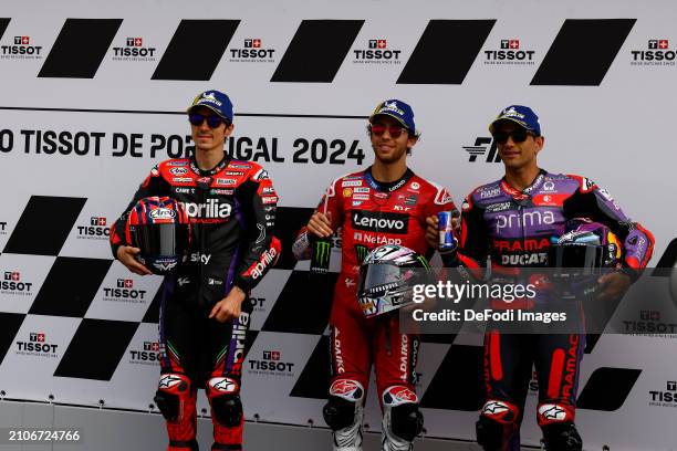 Enea Bastianini of Italy and Ducati Lenovo Team celebrates after pole position during the Qualifying of the MotoGP Of Portugal at Autodromo do...