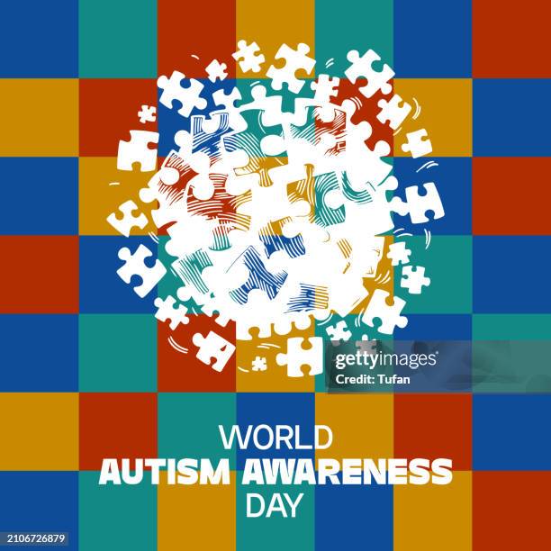 ilustraciones, imágenes clip art, dibujos animados e iconos de stock de día mundial de concienciación sobre el autismo - 2 de abril, diseño de tarjeta del mes del autismo, rompecabezas del autismo - autismo