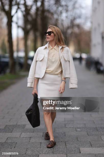 Viviane Geppert seen wearing Celine brown squared sunglasses, Miu Miu light yellow pastel polo sweater, Sandro creamy white tweed short jacket,...