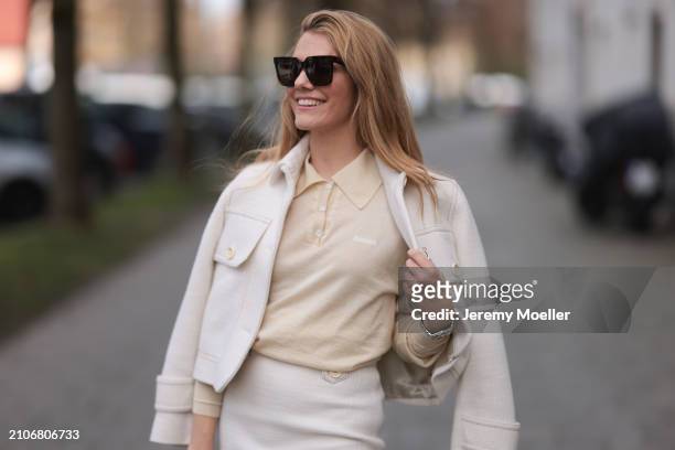 Viviane Geppert seen wearing Celine brown squared sunglasses, Miu Miu light yellow pastel polo sweater, Sandro creamy white tweed short wool jacket,...