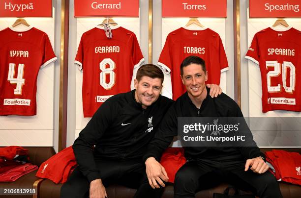 Steven Gerrard and Fernando Torres of Liverpool in the dressing room before the LFC Foundation charity match between Liverpool FC Legends and AFC...