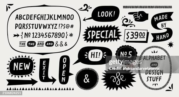 hand drawn alphabet with design elements - fun type alphabet stock illustrations
