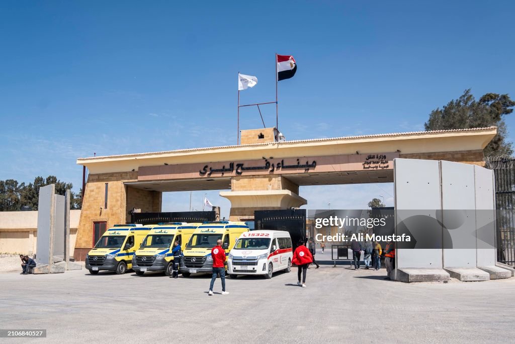 Qesm Rafah Ambulances in front of the Rafah crossing during a visit of General ...