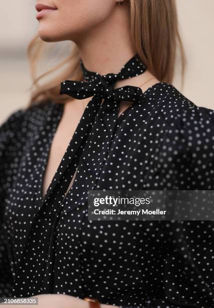 Marlies Pia Pfeifhofer seen wearing Adoore black with white dotty print pattern v-neck midi long dress, matching Adoore black with white dotty print...