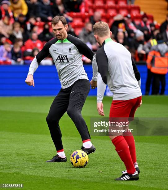 Sami Hyypia warming up before the LFC Foundation charity match between Liverpool FC Legends and AFC Ajax Legends at Anfield on March 23, 2024 in...