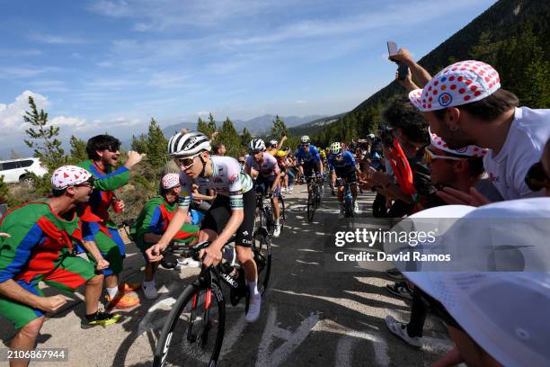 Tadej Pogacar of Slovenia and UAE Emirates Team - Green Leader Jersey, Mikel Landa of Spain and Team Soudal - Quick Step - Red Mountain Jersey, Enric...