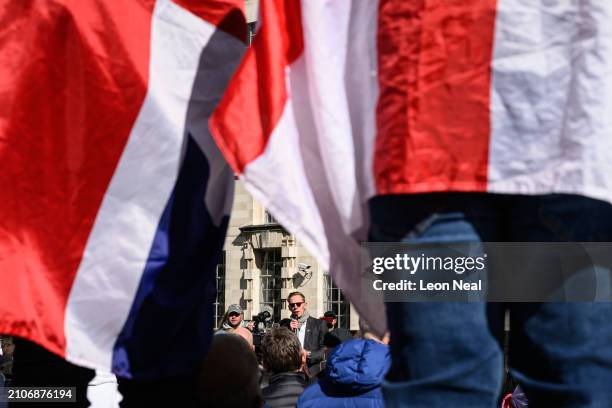 Political activist Laurence Fox speaks at a right wing "Rally for British Culture" event near to The Cenotaph on March 23, 2024 in London, England....