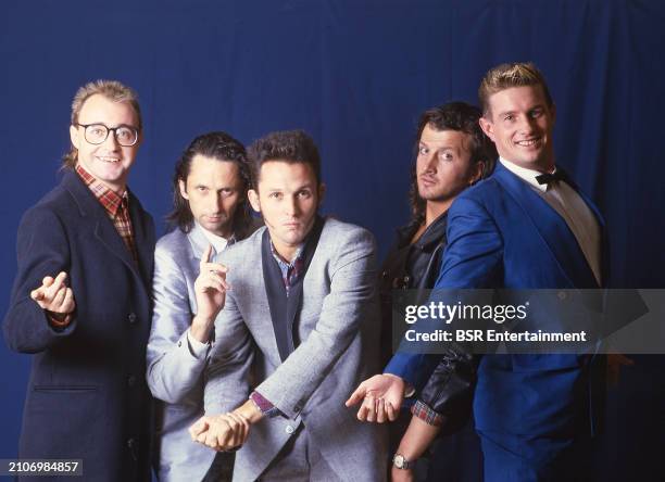 Australian rock group Mental As Anything members: Martin Plaza, Reg Mombassa , Andrew "Greedy" Smith, Peter O'Doherty, Wayne "Bird" De Lisle
