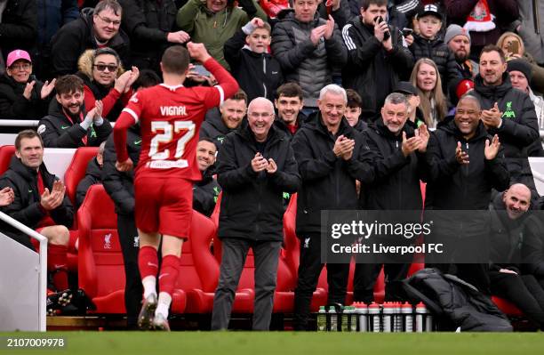 Gregory Vignal celebrating with manager Sven-Goran Eriksson after scoring a goal during the LFC Foundation charity match between Liverpool FC Legends...