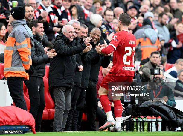 Gregory Vignal of Liverpool celebrates scoring liverpool's first goal with manager Sven-Göran Eriksson during the LFC Foundation charity match...