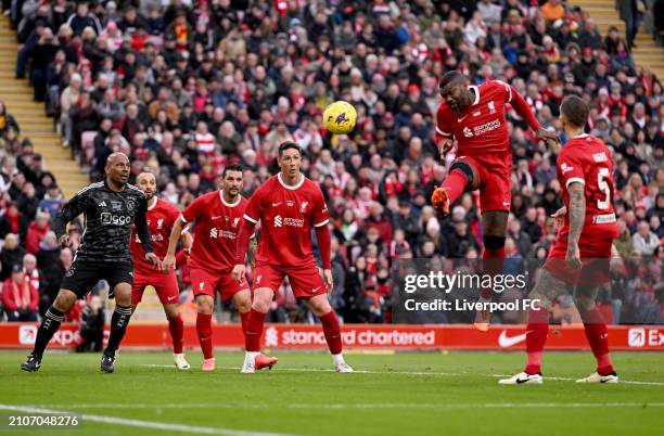 Djibril Cisse scoring the second goal making the score 2-2 during the LFC Foundation charity match between Liverpool FC Legends and AFC Ajax Legends...